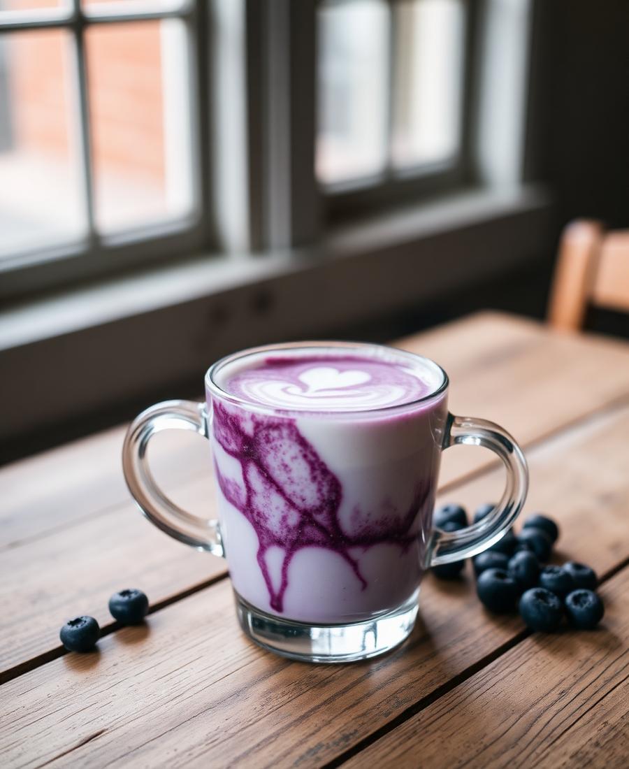 Blueberry cloud latte in a glass mug
