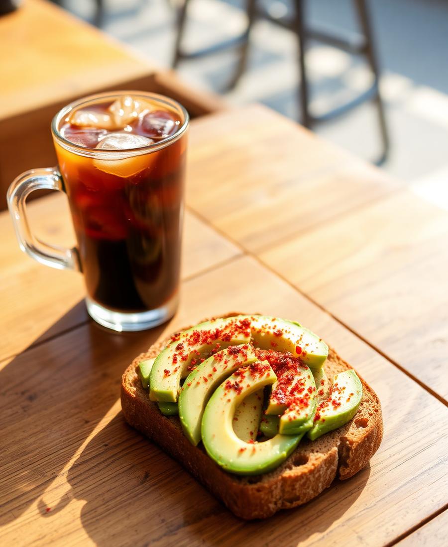 Avocado toast beside an iced coffee on a wooden table