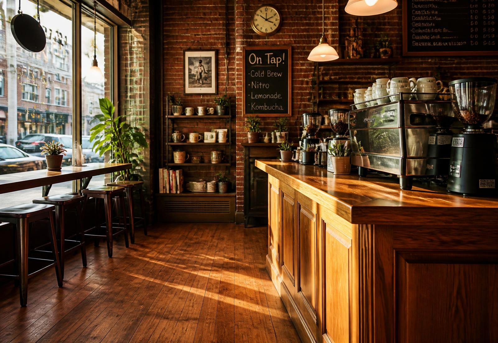 Sunlit interior of The Local Press Coffee with original wood floors and espresso bar