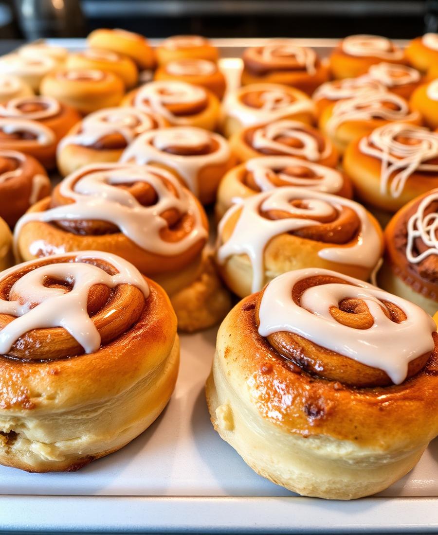 Tray of freshly iced cinnamon rolls